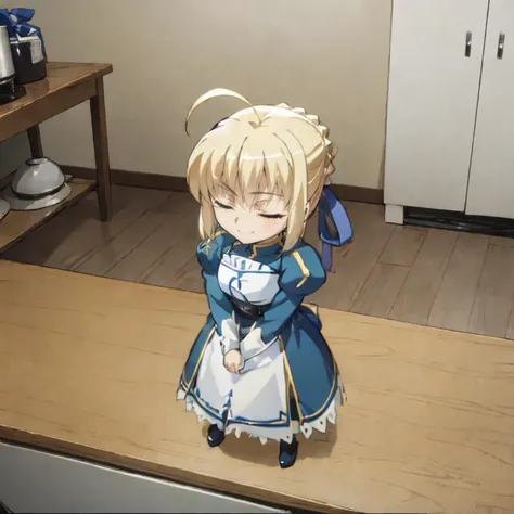 anime character in a kitchen with a wooden counter top