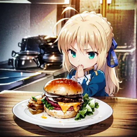 anime girl with blonde hair and blue eyes sitting at a table with a hamburger