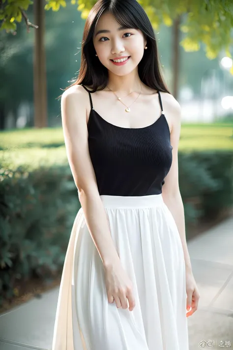 depth of field,blurry background,(8k, RAW photo, best quality, masterpiece:1.2),(realistic, photo-realistic:1.37),xiaoyuan,1girl,smile,big eyes,standing,black shirt,white dress,bare thighs,collarbone,necklace,large breasts,jewelry,bangs,outdoors,<lora:xiao...