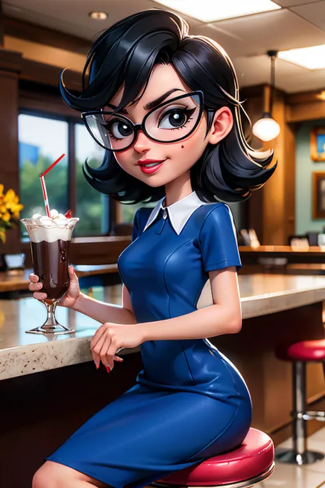 eleanor, black hair,  black eyes,red lipstick, glasses, collared blue dress, short sleeves, looking at viewer, serious, smirk, sitting, on stool, inside diner, counter, holding glass of chocolate milkshake, playful ambiance,  high quality, masterpiece,  <l...