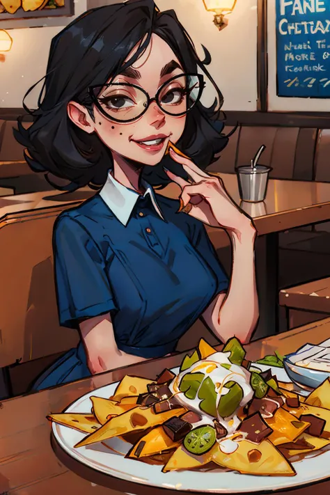 eleanor, black hair, black eyes,red lipstick, mole under eye, glasses, collared blue dress, short sleeves, looking at viewer, smiling, upper body shot, sitting, behind table, inside restaurant, table full of food, nacho chips, high quality, masterpiece, <l...