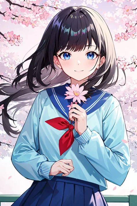 (upper_body:1.5), close-up, cherry_blossoms, outdoors, day, spring_(season), 1girl, smile, solo, bangs, blue_eyes, blush, closed_mouth, looking_at_viewer, long_hair, brown_hair, branch, eyebrows_visible_through_hair, floating_hair,hair_between_eyes, blue_s...