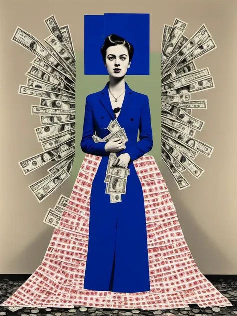 a woman in a blue dress holding money and a blue background