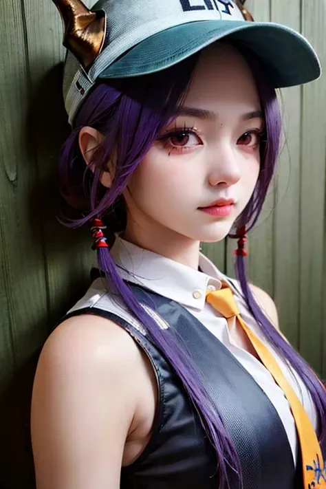 a close up of a woman with purple hair wearing a hat