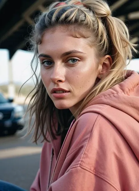 A stunning intricate color close up portrait of (sks woman:1) , wearing Ripped jeans and oversized hoodie, epic character composition, sharp focus, natural lighting, subsurface scattering, f2, 35mm, film grain, , by Dominique Issermann, <lora:lora-small-ol...