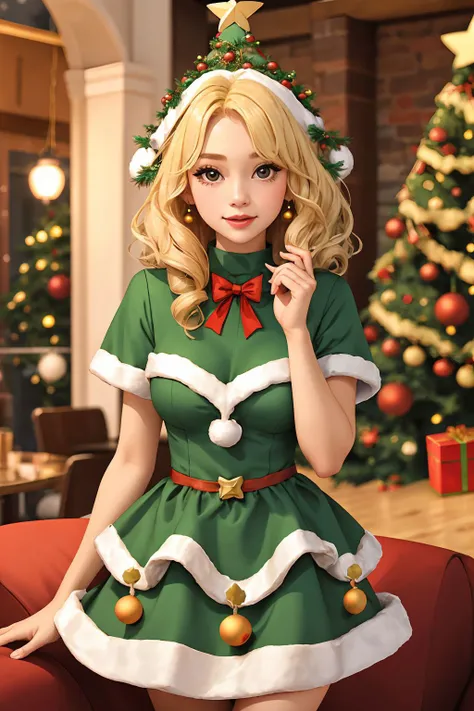 1girl, black eyes, blonde hair, christmas tree dress <lora:Christmas Tree Dress_v1:1>, cafe