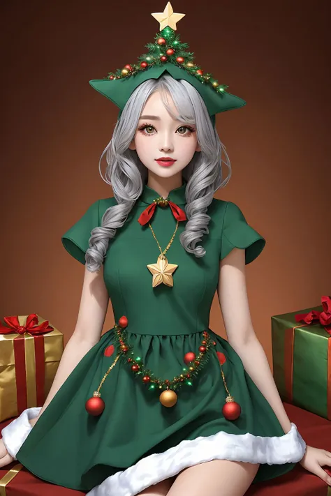 1girl, peach eyes, gray hair, christmas tree dress <lora:Christmas Tree Dress_v1:1>, workshop