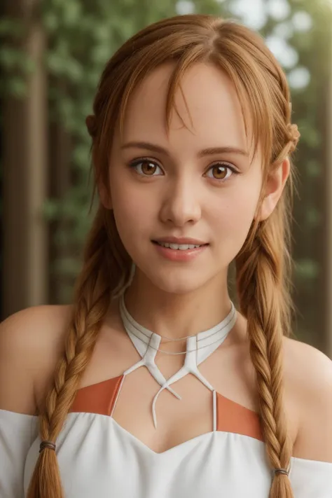 selfie photo of (asuna:1.7), ((1girl, hair braids, long hair, white dress, Brown hair, orange hair)), cute smile, looking at camera, crystal clear, 8K UHD, highly detailed, glossy eyes, high detailed skin, skin pores, <lora:add_detail:0.5>, <lora:asuna_v1:...