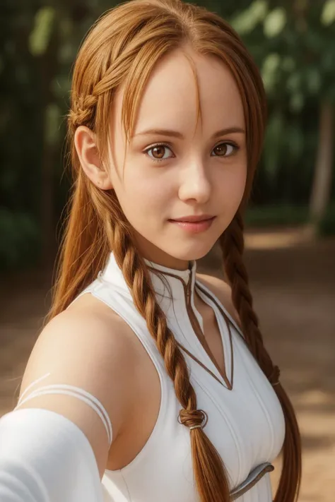 selfie photo of (asuna:1.6), ((1girl, hair braids, long hair, white dress, Brown hair, orange hair)), cute smile, looking at camera, crystal clear, 8K UHD, highly detailed, glossy eyes, high detailed skin, skin pores, <lora:add_detail:0.5>, <lora:asuna_v1:...