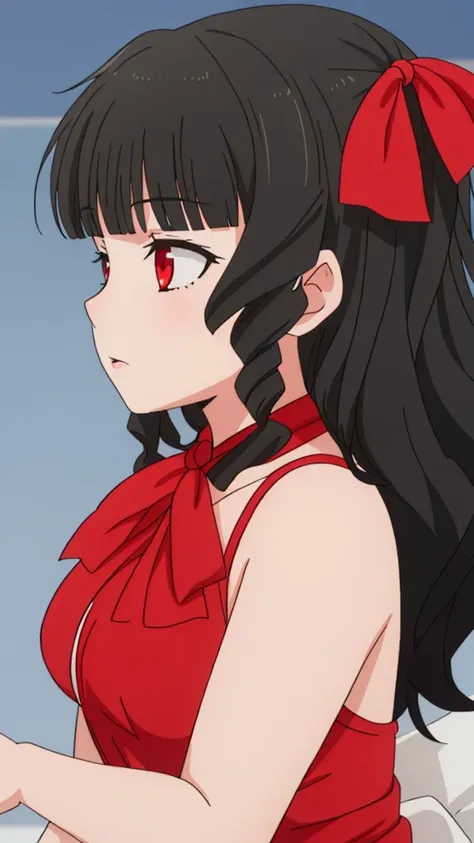 anime girl with black hair and red dress looking at something