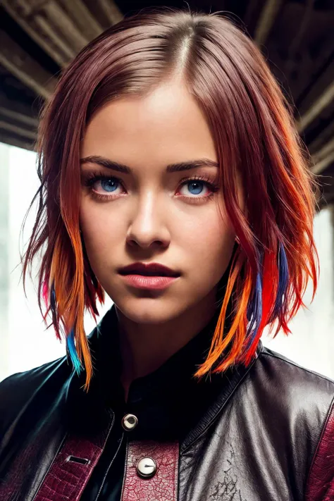 arafed woman with colorful hair and leather jacket looking at camera