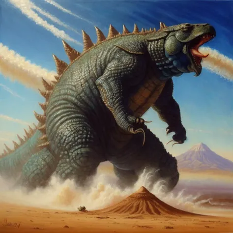 "realistic painting of a tardigrade kaiju, with 6 legs in a desert storm, by james gurney, slime, big globule eye, godzilla, vintage, concept art, oil painting, tonalism, crispy"