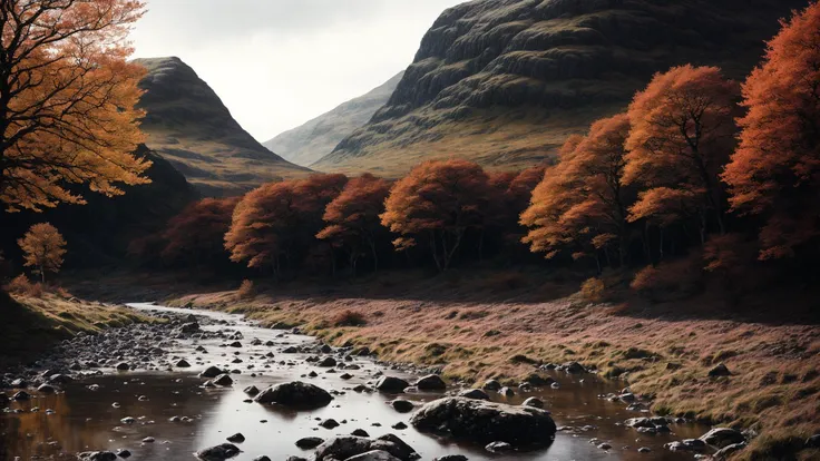 dynamic composition, lush water, Clay, Raw digital photo, Offset print, Cosy, moody lighting, Frosted city street, Pandora, Fuji superia 400, art by Greg Rutkowski, Flustered, Paint splotches, (Desolate [Elusive|Unpredictable] The Scottish Highlands :1.3) ...