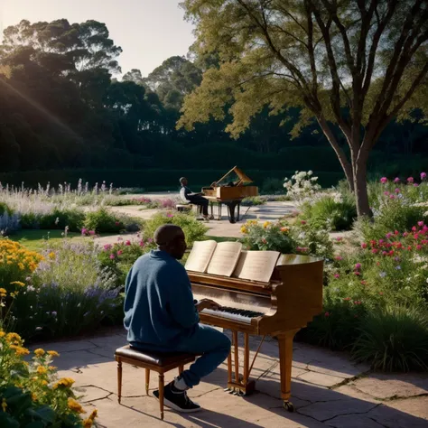 Kanye West playing the piano in the middle of a garden, vintage camera, dreamy, atmospheric, golden hour, cinematic lighting, 8K concept art