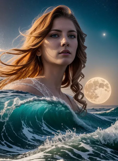 a siren amongst crashing waves, long flowing orange hair, shimmering scales, captivating blue eyes, in the heart of the storm, ((masterpiece)), ((best quality)), intricate detailing, (mythical:1.2), (oceanic:1.3), (captivating:1.1), ethereal moonlight, lum...