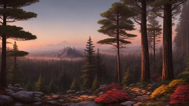 deep in a red tinted pine forest at dusk, foggy, ground view, matte painting, rocky, waterfall in distance, stunning detail, 4k, hd, clean, full of detail, sharp focus, rule of thirds by Makoto Shinkai, thomas kinkade, Karol Bak, trending on artstation