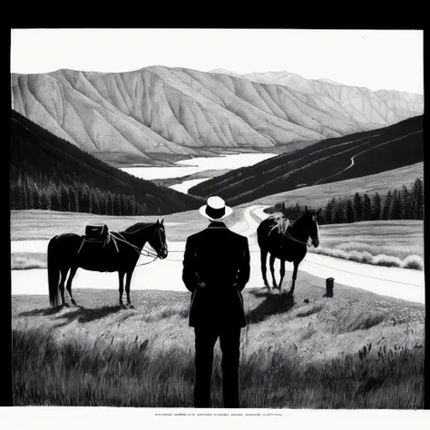 "a black and white edward gorey illustration of a man in old fashioned clothes waits by the side of the mountain road with his suitcase, looking at a coach with 4 horses is in front of him, stormy night time in the mountains highly detailed in the style of...