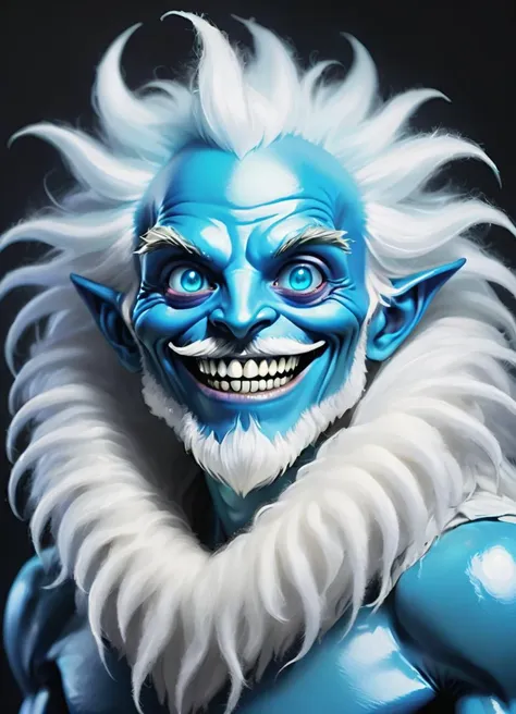 a close up of a blue troll with white hair and a white beard