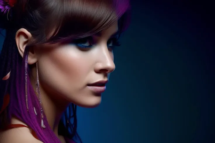 a close up of a woman with purple hair and a flower in her hair