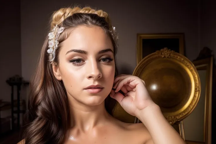 a close up of a woman with a wedding dress and a tiable