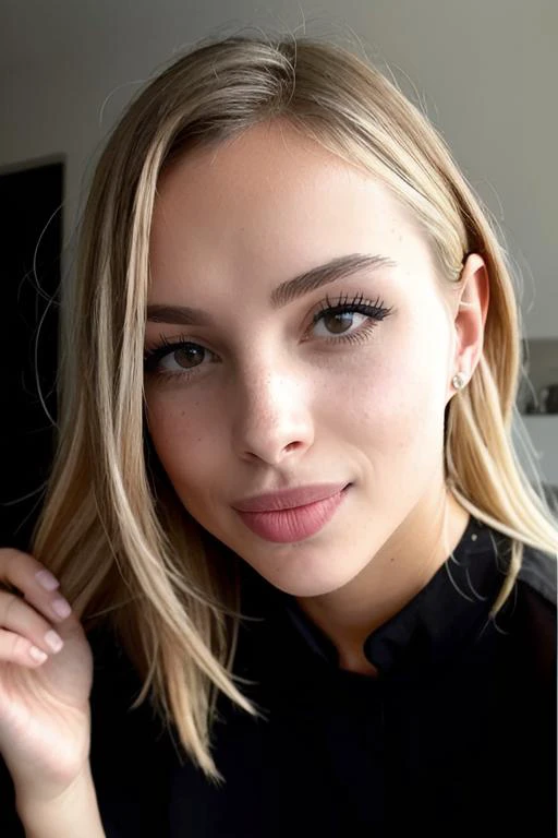 a close up of a woman with long hair and a black shirt