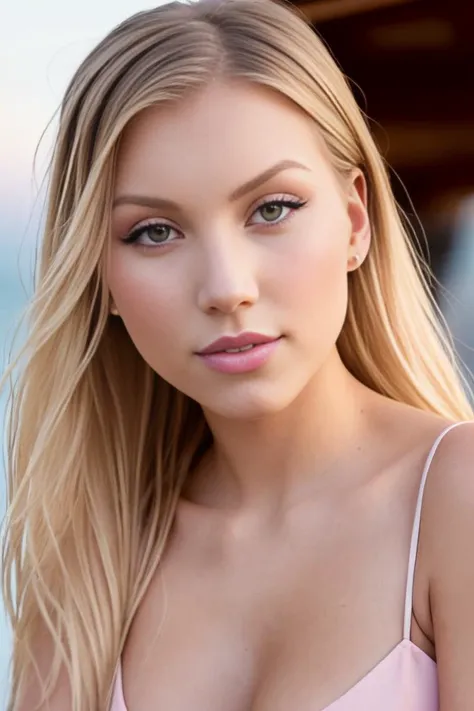 a close up of a woman with long blonde hair wearing a pink dress