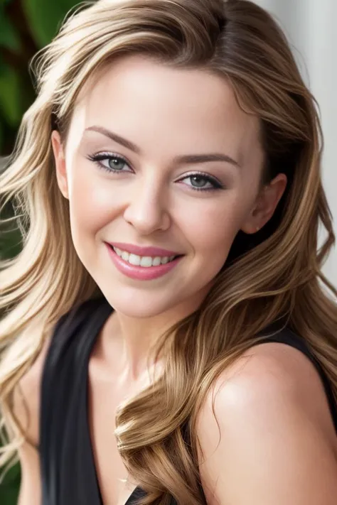 a woman with long blonde hair and a black dress smiling