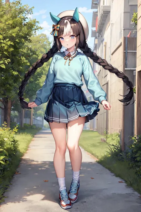 anime girl walking down a sidewalk with long hair and a hat