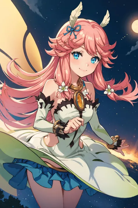 masterpiece, best quality,  <lora:dragalialost_notte-15:1> notte, hair flower, fairy wings, dress, detached sleeves, skirt, (flying:1.5), night sky, smile