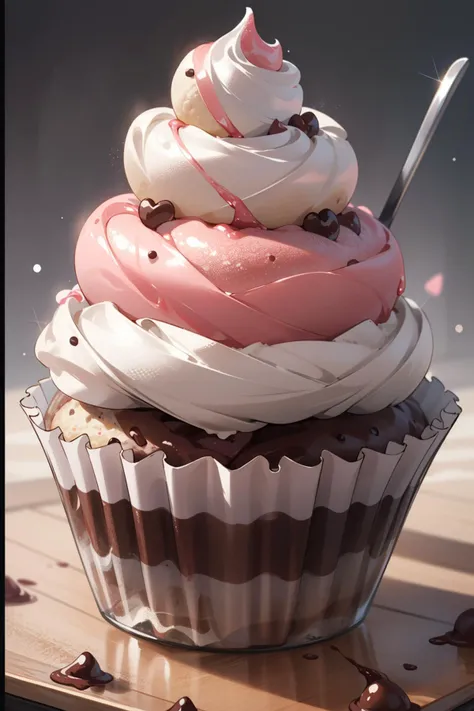 there is a cupcake with a spoon sticking out of it