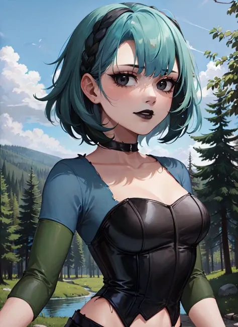 ((best quality)), ((highly detailed)), masterpiece, absurdres, extremely detailed face, beautiful face, (detailed eyes, deep eyes), (1girl), dynamic pose, upper body, <lora:gwenTotalDramaIsland_v05:.8>, gwentd, short hair, bangs, black eyes, makeup, black ...