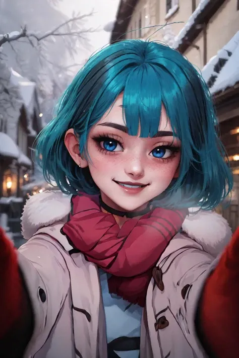 1girl, <lora:gwentd:0.85>, gwentd, makeup, bangs, choker, blue eyes, IncrsChkWarmingMeme, pov, red scarf, winter clothes, smile, blush, <lora:Pos_PovCheekWarmingMeme:1>, seductive smile, air, blush,