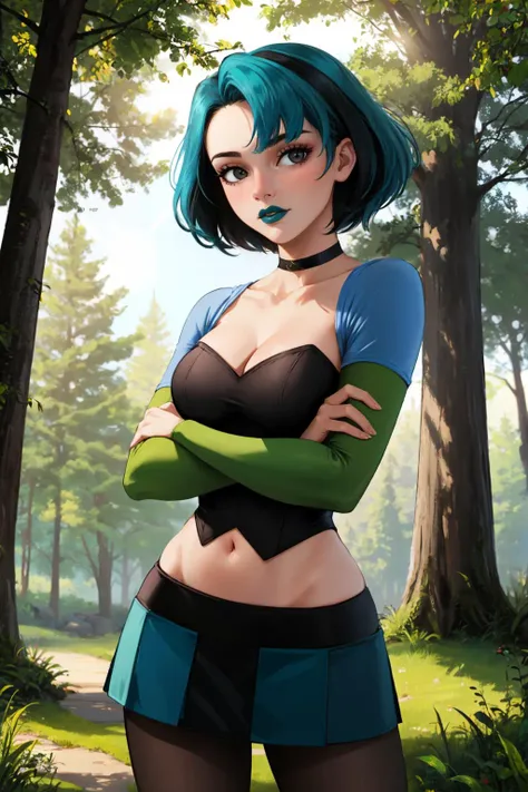 a woman with blue hair and black top standing in the woods