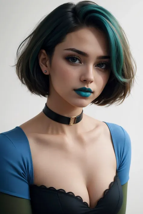 a woman with green hair and a choker posing for a picture