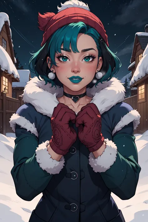 (masterpiece, best quality, 4k, aesthetic, detailed, intricate),outside,night sky,snowing,upper body,1girl,gwentd,two-tone hair, makeup, green lips, choker, fur coat,mittens,knit beanie,blush,happy,hands to heart  <lora:gwentd-guy-v501:0.8>