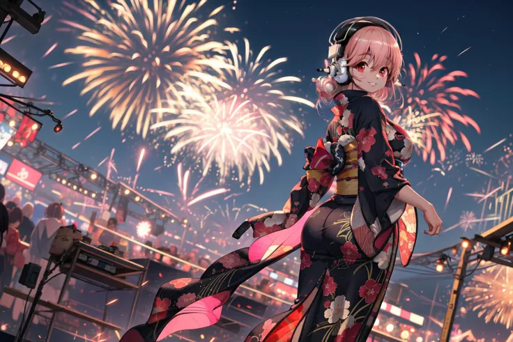 masterpiece,best quality,1girl,(solo),(super sonico,headphones,pink hair,red eyes),huge breasts,wide hips,(kimono),(smile),looking back,festival,night,fireworks,crowd,wide shot,dutch angle,from behind,<lora:super_sonico:1>,<lora:Concept-control tool-add_de...