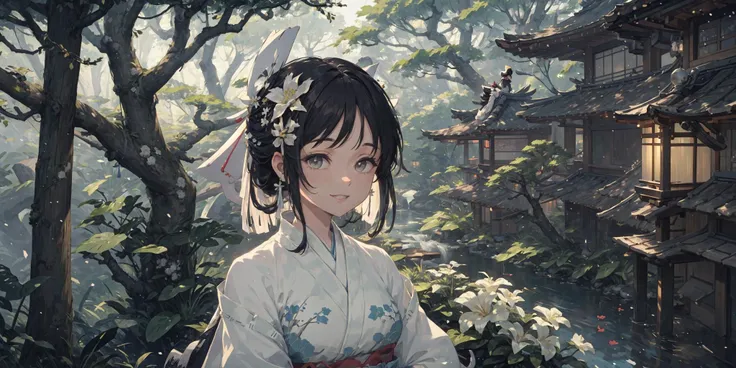 (masterpiece, best quality, detailed background, extremely detailed:1.4) BREAK 1girl,(upper body),(smile),short hair,(hanfu),(trees:0.5),(flowers:0.6),(wooden house:0.2),(bamboo forest:0.2),(creek:0.2),(river:0.2),Shinomiya Kaguya,Shinomiya Kaguyas Style,