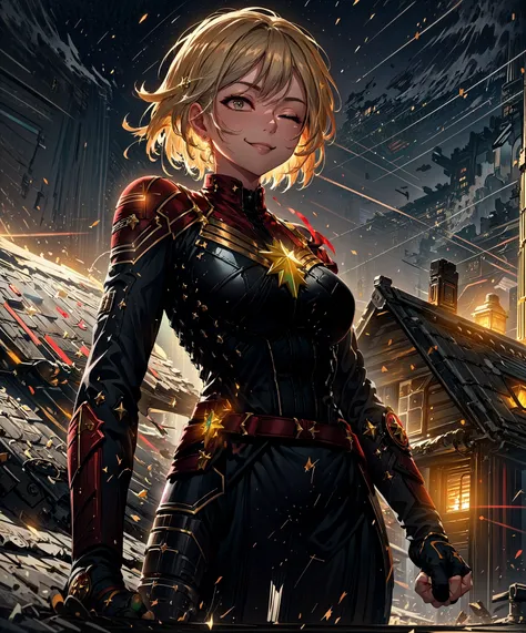 (best quality:1.15),   cptMarvel,bodysuit, red gloves, belt, smiling, one eye closed, happy, warm colors, top of roof, magnificent,    detailed,   ,[natural lighting:dynamic lighting:0.55], high resolution, illustration,  <lora:cptmarvel-nvwls-v1:0.87>