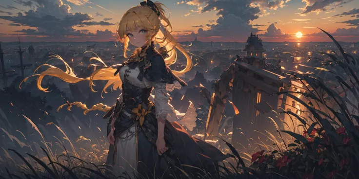 (masterpiece, best quality, detailed background, extremely detailed:1.4) BREAK 1girl,solo,yellow hair,blue eyes,braid,long hair,wavy hair,fluffy hair,ponytail,french braid,blush,smile,capelet,lace trim,bodice,sunset,dusk,scenery,high place,horizon,wind,win...