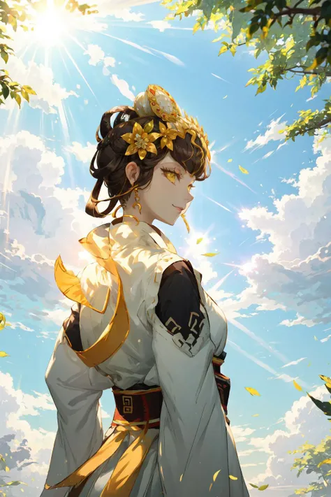 masterpiece,best quality,1girl,goddess,motherly,nuwasmt,yellow eyes,eyelashes,eyeshadow,hair ornament,jewelry,earrings,black hair,(hanfu:1.1),long sleeves,(silk),ribbon,cloud,expressionless,light smile,standing,sunlight,wind,leaf,upper body,from behind,<lo...