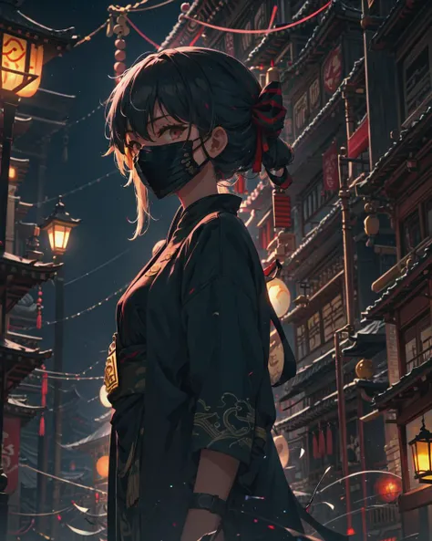 ninja girl, in temple, cinematic lights, wearing mask