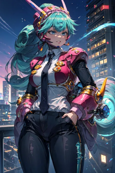 masterpiece,best quality,1girl,solo,marino_megamanx,green hair,blue eyes,ponytail,very long hair,curly hair,android,pink helmet,headgear,(business suit,necktie,pants,office lady),thick thighs,seductive smile,parted lips,hands in pockets,office,cowboy shot,...