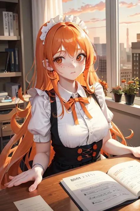 absurdly long (curly:1.0) orange hair, freckles(0.5), pov, looking at viewer, close-up, office, maid sitting on desk and leaning back,