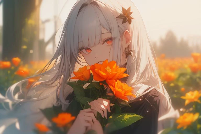 ((masterpiece)),(8k cg wallpaper),best quality,beautiful detailed, ultra-detailed,
1girl, solo, orange eyes, looking at viewer, long hair, white hair,black hair, gradient hair, flower, blurry, orange flower,bangs,parted lips, depth of field,
<lora:niji_3w_...