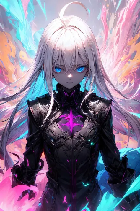 1girl, (solo), masterpiece, best quality, clothes high contrast, psychedelic, lsd, particles, bloom, neon lighting, (glow), flat color, splashes of color, colors mashing, blue eyes, white hair, long hair, ahoge, white skin, pale skin, expressionless, cold ...