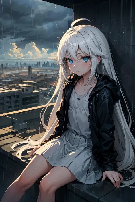 (1girl, solo, white hair, very long hair, ahoge, blue eyes, loli, petite, minor, flat chest), building, city, cityscape, cloud, cloudy sky, grey sky, house, outdoors, rain, rooftop, scenery, sitting, sky, skyscraper, solo, tree, dim, (night), overcast, jac...