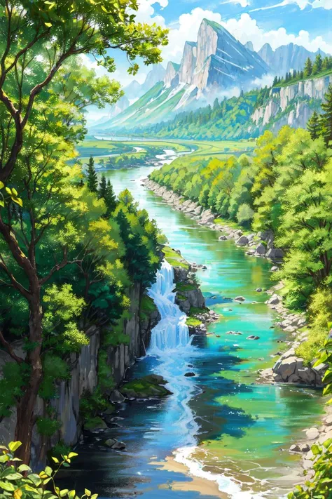 ((masterpiece, best quality)),landscape stretching,river,mountain,