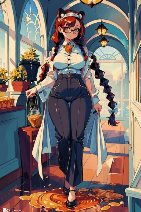 (masterpiece), (best_quality), (ultra-detailed), (illustration), (welcoming), depth of field, 1girl, (peanut butter villain:1.3), (in a conservatory:1.3), full body, auburn hair, twin braids, neon white eyes, pose, [:seductive, casual costume design:0.2], ...