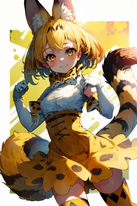 masterpiece,best quality,1girl,serval,blonde hair,orange eyes,cat ears,cat tail,kemono friends,high-waist skirt,white gloves,white shirt,yellow skirt,yellow thighhighs,smile,savanna,<lora:my_ServalKemonoFriends_v1:0.5>,