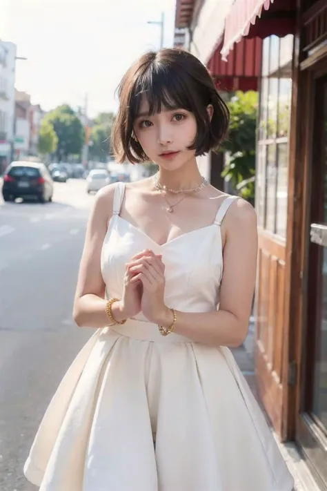 1girl, holding hands, dress, pov, pov hands, brown hair, solo focus, white dress, outdoors,brown eyes, day, sky, realistic, looking at viewer, short hair, building, out of frame, black hair, jewelry, bracelet,studio light,studio,photorealistic